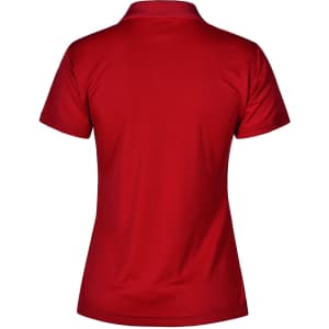 A red ladies' polo shirt with a textured finish and a logo on the back.