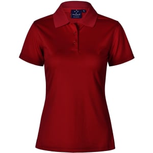 A red textured polo shirt for ladies with a collar and three buttons, featuring a logo on the neckline.