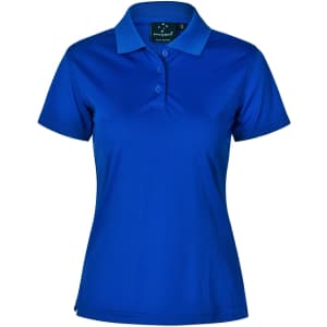 A ladies' textured polo shirt in vibrant blue, featuring a collar, button placket, and a logo on the chest.