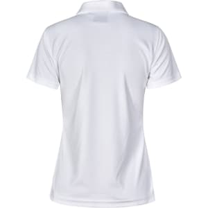 A white women's polo shirt with a textured fabric and a collar, featuring a branding logo.