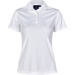 A white textured polo shirt for women, featuring a collared neckline and a logo on the label.