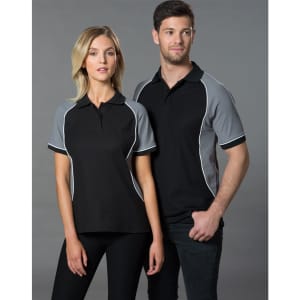 A men's and women's tri-colour short-sleeve pique polo shirt in black with grey accents and a logo.