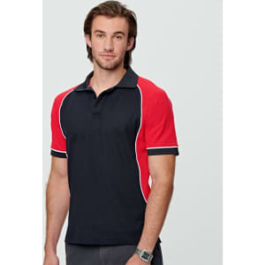 A male model wears a tri-colour short sleeve polo shirt featuring black, red, and white detailing. It has a logo.