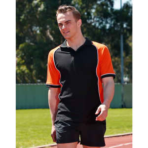 Men's TrueDry Tri-colour S/S Pique Polo in black and orange, featuring a contrasting design and a logo.