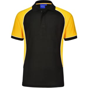 A black and yellow tri-colour short sleeve polo shirt with a contrasting design and a logo on the chest.