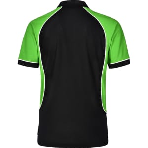 A black and green men's polo shirt with contrasting piping and a logo on the chest.