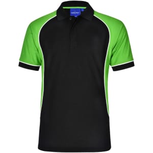 Men's TrueDry tri-colour polo shirt featuring black and bright green colours with a sporty design and logo.