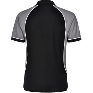 A black and grey tri-colour men's polo shirt with contrasting trim and a logo.