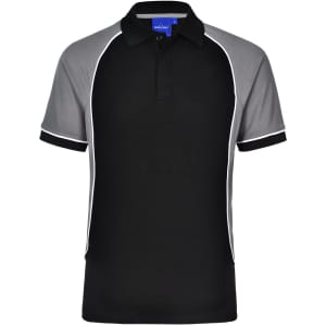 Men's TrueDry tri-colour short sleeve pique polo in black and grey, featuring a collar and contrasting accents.