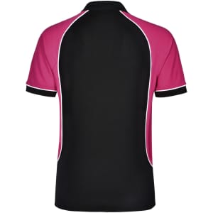 A men's tri-colour short-sleeve polo shirt featuring black and pink panels with white piping and a logo.