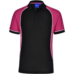 Men's TrueDry tri-colour pique polo shirt featuring black, pink, and white accents and a collar. Includes a logo.