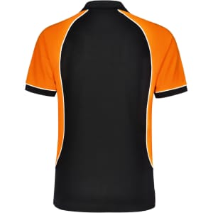 A men's tri-colour polo shirt featuring black and orange panels with contrasting piping and a logo.