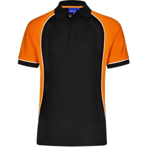 A black and orange short-sleeve polo shirt with contrasting white piping and a collar. Includes a logo.