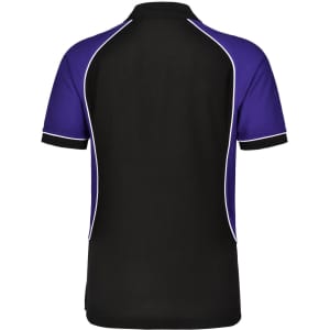A tri-colour men's polo shirt featuring black and purple with white piping, showcasing a back view.