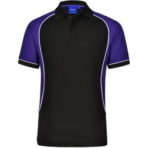 Men's TrueDry tri-colour polo shirt featuring black, purple, and white accents. Includes a logo on the chest.