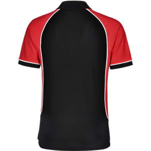A red and black men's polo shirt with a contrasting design and a logo on the upper back.