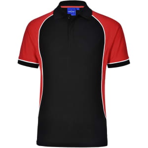 A black and red tri-colour polo shirt with a logo, featuring a classic collar and short sleeves.