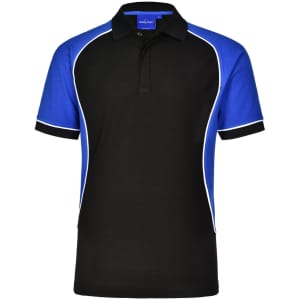 A black and blue men's polo shirt with white piping and a logo on the chest. Short sleeves and a classic collar.