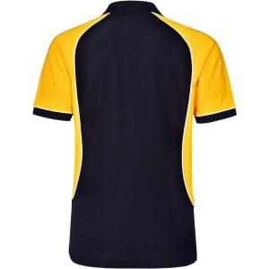 A black and yellow men's polo shirt with short sleeves and piping detail, featuring a logo on the back.