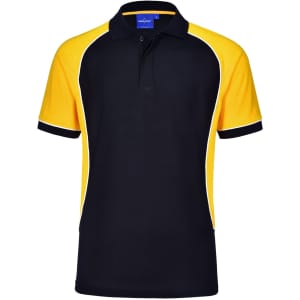 A black and yellow Men's TrueDry tri-colour short sleeve pique polo shirt with a logo.