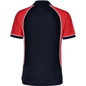 A men's tri-colour polo shirt in red and navy, featuring contrasting white piping and a logo.