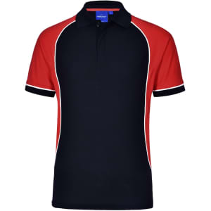 A tri-colour polo shirt featuring black, red, and white accents, with a collar and a logo.