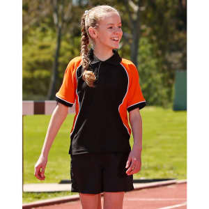 Tri-colour short-sleeve polo shirt in black with orange accents, designed for kids. Features a logo on the chest.