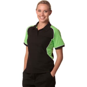 A black polo shirt with green accents and a logo, featuring short sleeves and a modern design.