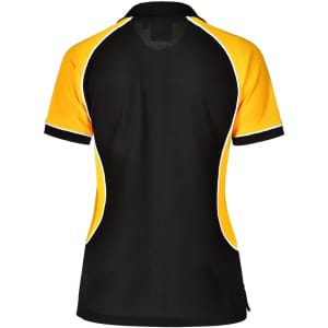 A black and yellow tri-colour short-sleeve polo shirt with a logo on the back.