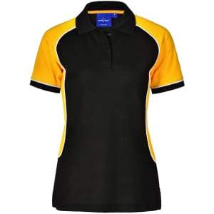 A black and yellow ladies' polo shirt with short sleeves and a collar, featuring a logo.