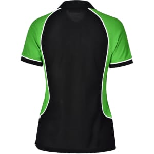 A polo shirt featuring a black body with green accents and white piping detail. It has a logo on the front.