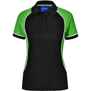 A women's polo shirt featuring a black body with green sleeves and white detailing. It has a collar and a logo.