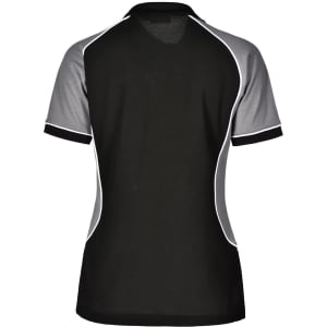 A tri-colour women's polo shirt in black, grey, and white with a branding logo. Features a classic short sleeve design.