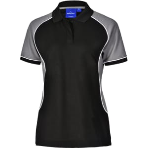 A tri-colour polo shirt featuring black, grey, and white accents, with a collar and short sleeves. It has a logo.