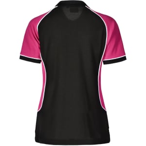 A ladies' short-sleeve polo shirt featuring a tri-colour design in black, pink, and white, with a logo.