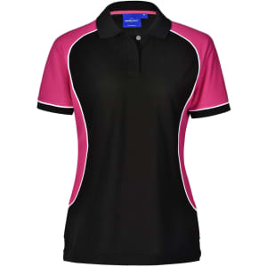 A women's short-sleeve pique polo shirt in black with pink and white detailing, featuring a collar and a logo.