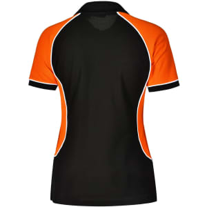 A tri-colour polo shirt in black, orange, and white with a contrasting design and a collar. Includes branding.