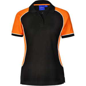 A black and orange ladies' polo shirt featuring short sleeves and a contrasting trim, with a logo on the collar.