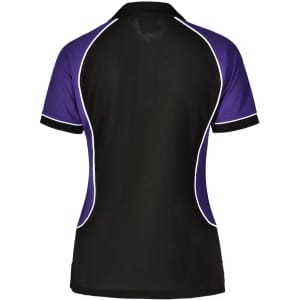 A tri-colour polo shirt in black, purple, and white with a logo on the back.