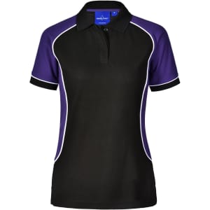 A ladies' polo shirt in black and purple with contrasting white piping and a collar. It features a logo.