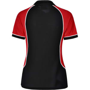 A ladies' tri-colour polo shirt featuring black, red, and white accents with a logo. The design is stylish and sporty.