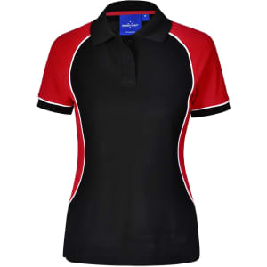 A black and red tri-colour polo shirt with short sleeves and a collar, featuring a logo.