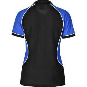 A tri-colour short-sleeve polo shirt featuring black, blue, and white accents, with a logo on the upper back.
