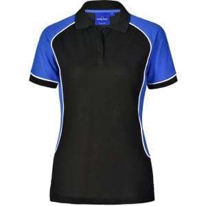A women's tri-colour short-sleeve polo shirt in black with blue accents and white piping. Features a logo on the collar.