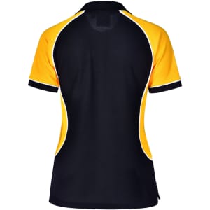 A black and yellow tri-colour polo shirt with short sleeves and a fitted design, featuring contrast piping and a logo.