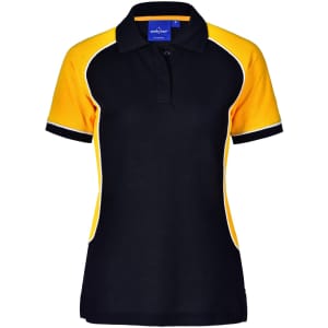A black and yellow tri-colour polo shirt with short sleeves and a collar, featuring a logo.