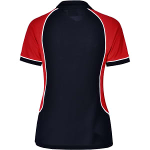 A tri-colour ladies' polo shirt featuring red, navy, and white accents, with a logo on the design.