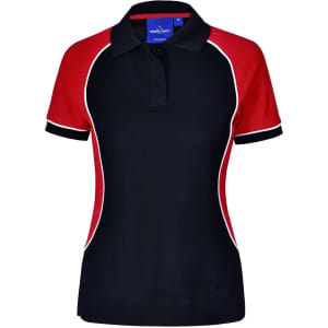 A tri-colour ladies' polo shirt in black, red, and white with a collar and short sleeves. It features a logo.