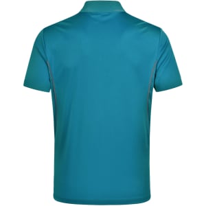 A teal polo shirt featuring short sleeves and contrast detailing, with a logo on the back.