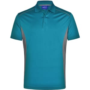 A teal and grey men's polo shirt with short sleeves and a collar, featuring branding on the neckline.